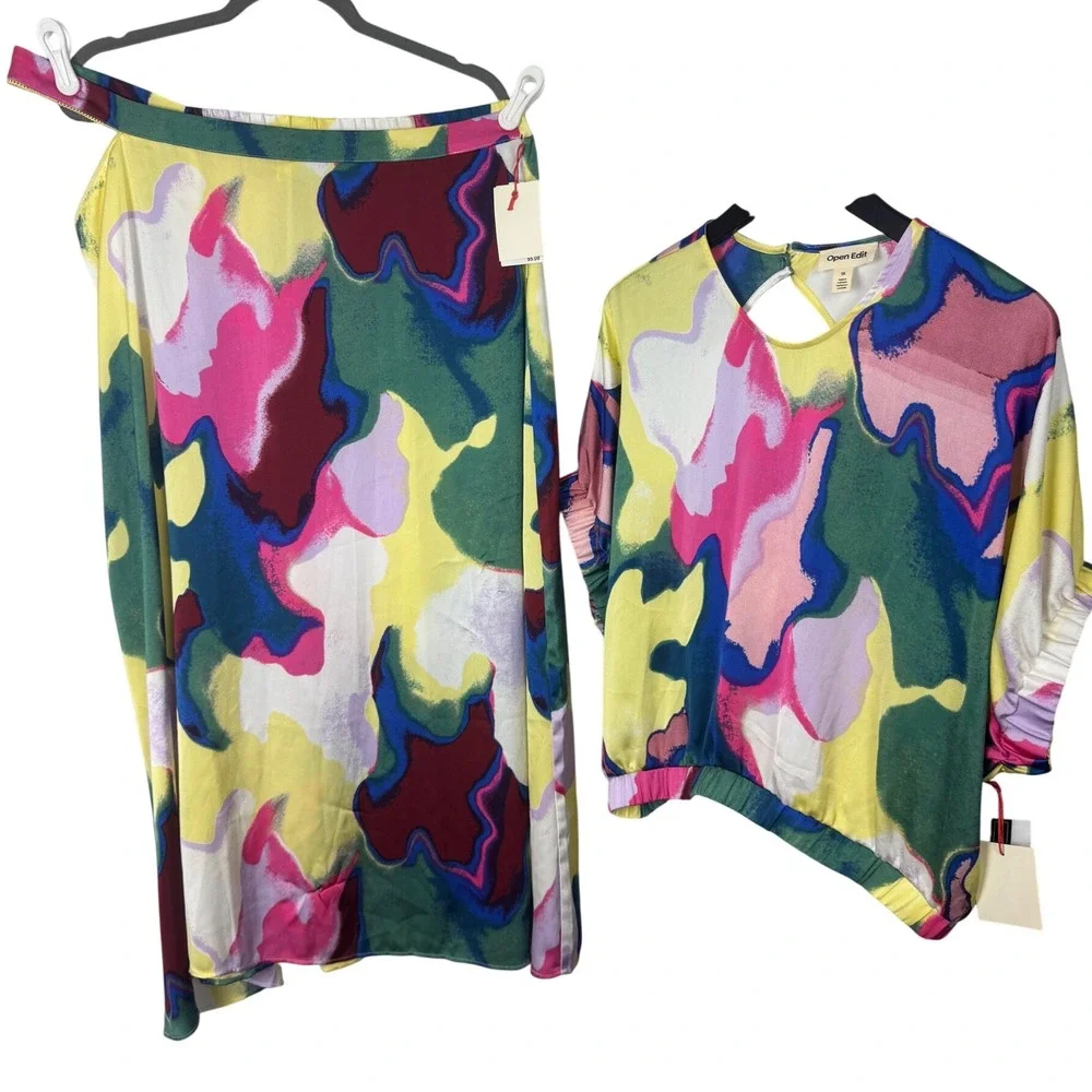 Open Edit Cutout Waist Yellow Color Fusion 2 Piece Set‎ Top and Midi Skirt Sz 1X